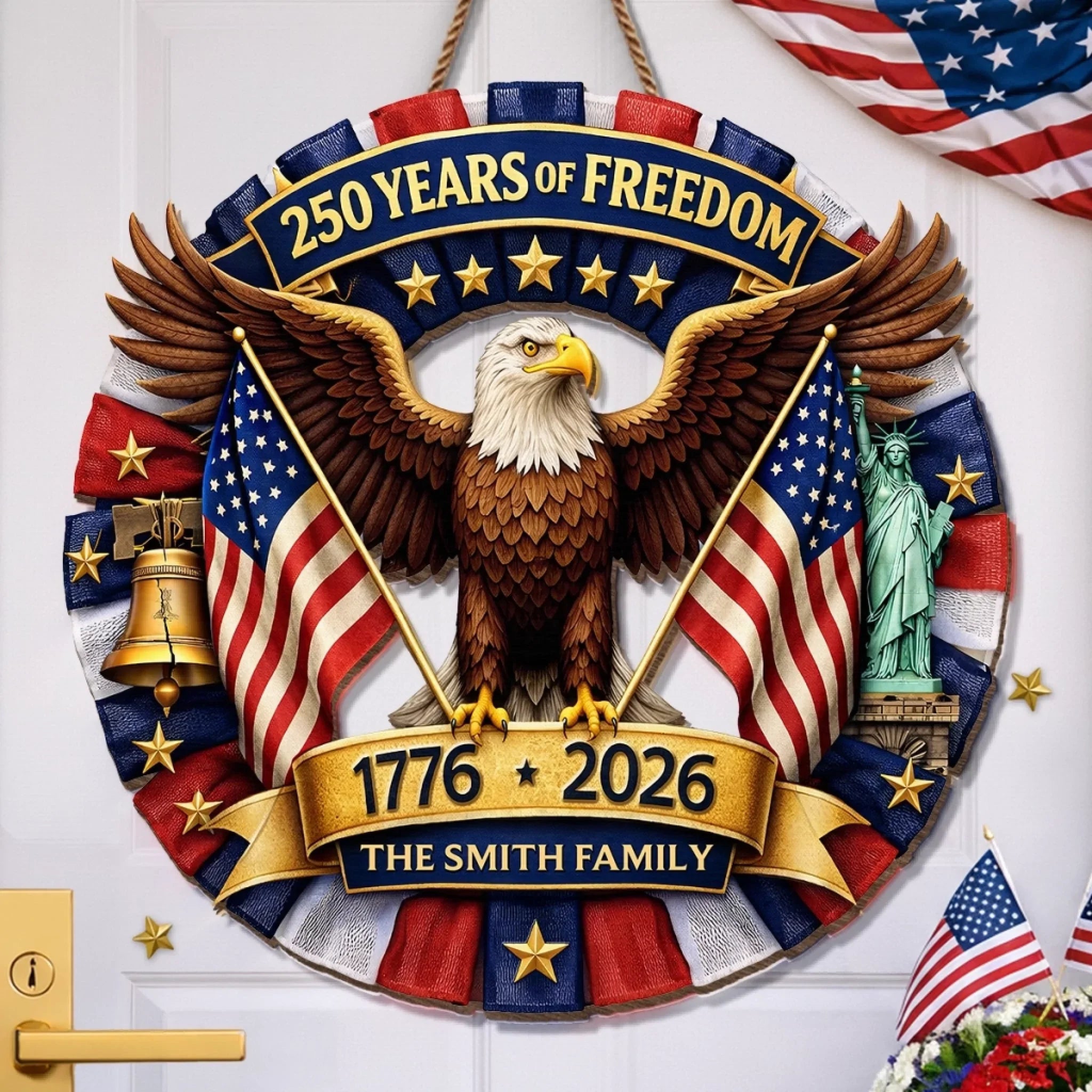 Custom Wood Sign - Personalized America 250th Anniversary Gifts For Mom, Dad, Brother, Sister, Kids - Let Freedom Shine Bright