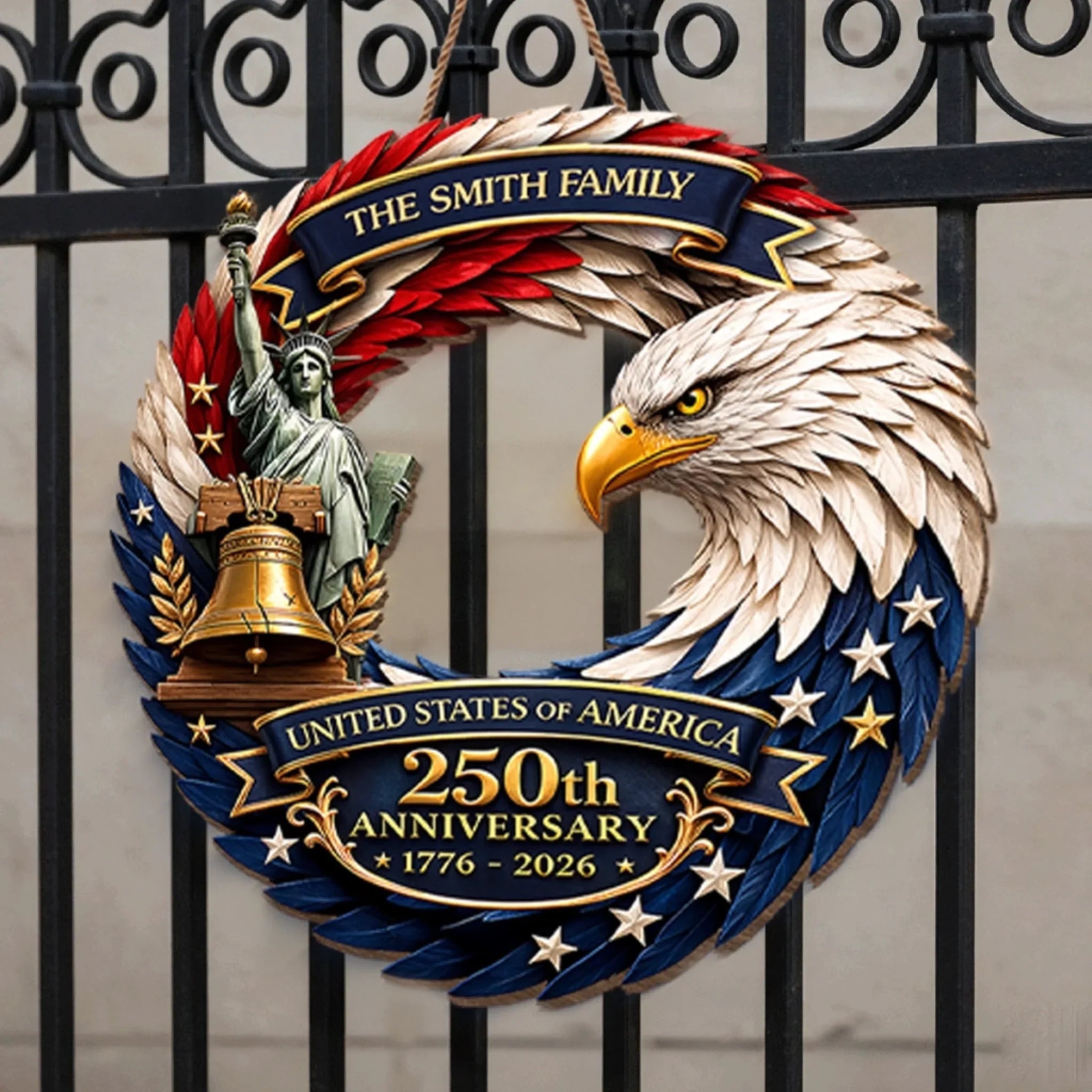 Custom Wood Sign - Personalized America 250th Anniversary Gifts For Mom, Dad, Brother, Sister, Kids - Bald Eagle Patriotic